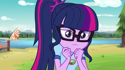 Size: 1280x720 | Tagged: safe, screencap, sci-twi, twilight sparkle, equestria girls, g4, my little pony equestria girls: legend of everfree, camp everfree outfits, clothes, female, glasses, lake, mountain, mountain range, pier, sailboat, scenery, solo