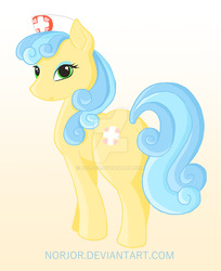 Size: 1024x1252 | Tagged: safe, artist:norjor, nurse coldheart, nurse snowheart, earth pony, pony, g4, alternate hairstyle, butt, female, looking at you, looking back, mare, missing accessory, plot, solo, text, watermark