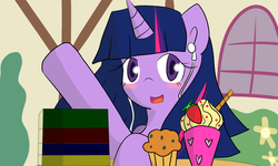 Size: 2000x1200 | Tagged: safe, artist:dbcupcake, twilight sparkle, pony, g4, blushing, book, female, food, ice cream, looking at you, muffin, solo, strawberry