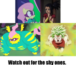 Size: 1378x1173 | Tagged: safe, screencap, fluttershy, saddle rager, pegasus, pony, saiyan, g4, power ponies (episode), beware the nice ones, comparison, dragon ball, dragon ball super, female, flutterhulk, image macro, kale (dragon ball), legendary super saiyan, mare, meme, power ponies, super saiyan