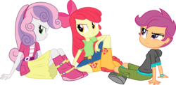 Size: 6163x3001 | Tagged: safe, artist:cloudy glow, apple bloom, scootaloo, sweetie belle, equestria girls, g4, my little pony equestria girls: rainbow rocks, .ai available, angry, apple bloom's bow, belt, boots, bow, clothes, cutie mark crusaders, denim, hair bow, hoodie, looking back, pants, shirt, shoes, shorts, simple background, sitting, skirt, sweater, transparent background, trio, vector