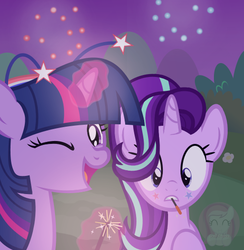 Size: 511x523 | Tagged: dead source, safe, artist:comfydove, artist:heartwarmer-mlp, artist:lil-lovey, starlight glimmer, twilight sparkle, pony, g4, 4th of july, american independence day, female, fireworks, holiday, independence day, levitation, magic, mouth hold, one eye closed, open mouth, sparkler (firework), stars, tattoo, telekinesis, wink