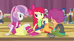 Size: 1280x714 | Tagged: safe, screencap, apple bloom, flash sentry, photo finish, scootaloo, sweetie belle, equestria girls, g4, my little pony equestria girls: rainbow rocks, apple bloom's bow, belt, boots, bow, clothes, cutie mark crusaders, hair bow, pants, pouting, shoes, sitting