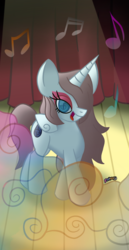 Size: 700x1360 | Tagged: safe, artist:snakeythingy, oc, oc only, oc:storm serenade, alicorn, pony, fanfic:the fall of selena, alicorn oc, fanfic, fanfic art, looking at you, mind control, mist, music notes, request, slit pupils, stage, stage light, story included, swirly eyes, theater