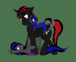 Size: 1725x1401 | Tagged: safe, artist:officiallunardj, oc, oc only, oc:lunar midnight, oc:nocte bellum, oc:sarr marcus war, alicorn, bat pony, pony, bat pony oc, cute, on back