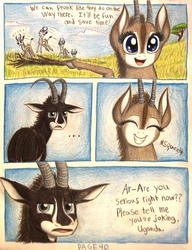 Size: 1080x1404 | Tagged: safe, artist:thefriendlyelephant, oc, oc only, oc:sabe, oc:uganda, antelope, springbok, comic:sable story, acacia tree, africa, animal in mlp form, cloven hooves, comic, cute, grass, horns, log, pronking, savanna, squee, traditional art