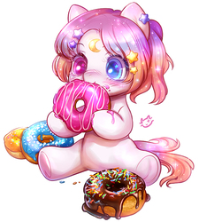 Size: 630x700 | Tagged: safe, artist:catmag, oc, oc only, earth pony, pony, chibi, donut, female, filly, food, heterochromia, simple background, solo, white background