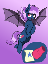 Size: 960x1280 | Tagged: safe, artist:thebatup2bat, oc, oc only, oc:star stamper, bat pony, pony, fangs, female, flying, gradient background, mare, ponytail, reference sheet, smiling, solo