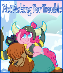 Size: 660x768 | Tagged: safe, artist:esmeia, pinkie pie, prince rutherford, earth pony, pony, yak, g4, not asking for trouble, colored pupils, duo, female, helmet, hilarious in hindsight, honorary yak horns, horned helmet, mare, ponies riding yaks, riding, title card, viking helmet