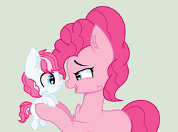 Size: 1431x1057 | Tagged: safe, artist:youtubermlpspeedpant, pinkie pie, oc, oc:windy flitter, pony, g4, colt, female, holding a pony, male, mother and son, offspring, parent:double diamond, parent:pinkie pie, parents:doublepinkie, simple background