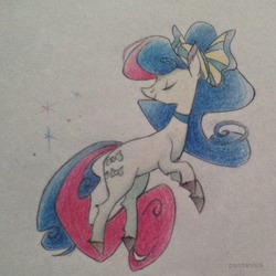 Size: 563x563 | Tagged: safe, artist:pandan009, bon bon, sweetie drops, earth pony, pony, g4, bow, eyes closed, female, smiling, solo, traditional art