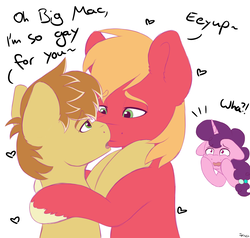 Size: 2000x1900 | Tagged: safe, artist:spirit-dude, big macintosh, feather bangs, sugar belle, earth pony, pony, unicorn, g4, hard to say anything, crying, female, gay, gay in front of girls, kissing, male, mare, ship:feathermac, shipping, shipping denied, simple background, stallion