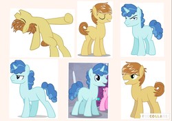 Size: 1110x780 | Tagged: safe, feather bangs, party favor, earth pony, pony, unicorn, g4, hard to say anything, bedroom eyes, collage, eyes closed, male, sexy, smiling, stallion, upset