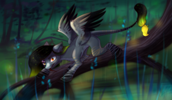 Size: 3100x1800 | Tagged: safe, artist:shiro-roo, oc, oc only, pegasus, pony, forest, leonine tail, sharp teeth, slit pupils, solo, teeth, third eye, three eyes, tongue out, tree