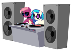 Size: 756x543 | Tagged: safe, artist:petraea, dj pon-3, vinyl scratch, oc, oc:flipside, earth pony, pony, unicorn, g4, disc jockey, earth pony oc, female, hooves, horn, mare, simple background, smiling, speaker, sunglasses, transparent background, turntable, vector