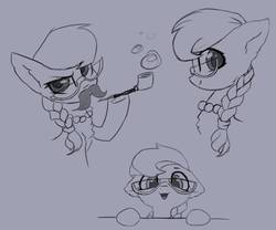 Size: 1077x895 | Tagged: safe, artist:inowiseei, silver spoon, earth pony, pony, g4, bubble pipe, bust, chest fluff, cute, fake moustache, female, glasses, monochrome, portrait, silly, silly pony, silly spoon, silverbetes, sketch, solo