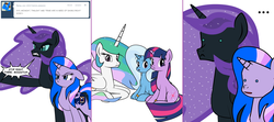 Size: 1808x800 | Tagged: safe, artist:dekomaru, princess celestia, trixie, twilight sparkle, oc, oc:midnight, oc:nyx, alicorn, pony, unicorn, tumblr:ask twixie, g4, ask, comic, female, lesbian, magical lesbian spawn, mare, offspring, parent:trixie, parent:twilight sparkle, parents:twixie, prone, ship:twixie, shipping, sitting, tumblr