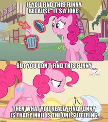 Size: 888x998 | Tagged: safe, edit, edited screencap, screencap, fluttershy, pinkie pie, earth pony, pegasus, pony, filli vanilli, g4, magic duel, disembodied mouth, female, mare, meme, metadrama, op is a duck, op is trying to start shit, pinkie drama, pinkie drama drama