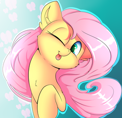 Size: 1097x1062 | Tagged: safe, artist:madacon, fluttershy, pony, g4, bust, cute, female, head tilt, looking at you, mare, one eye closed, portrait, raised hoof, shyabetes, silly, silly pony, solo, tongue out, wink