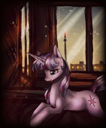 Size: 1321x1600 | Tagged: safe, artist:not-ordinary-pony, twilight sparkle, pony, unicorn, g4, city, female, looking down, mare, prone, sad, solo, window