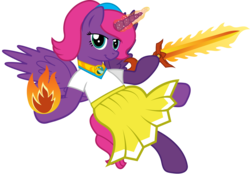 Size: 2673x1860 | Tagged: safe, artist:andrevus, oc, oc only, oc:pinkmane, alicorn, pony, alicorn oc, clothes, fireball, floating, hairband, jewelry, magic, necklace, simple background, solo, spell, sword, transparent background, weapon
