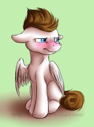 Size: 769x1038 | Tagged: safe, artist:klarapl, oc, oc only, oc:core, pegasus, pony, colt, floppy ears, male, scrunchy face, simple background, sitting, solo, white pony, young