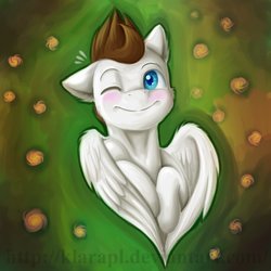 Size: 894x894 | Tagged: safe, artist:klarapl, oc, oc only, oc:core, pegasus, pony, happy, one eye closed, simple background, smiling, solo, white, wink