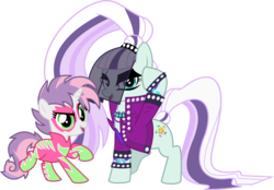 Size: 7058x4920 | Tagged: safe, artist:jhayarr23, coloratura, sweetie belle, earth pony, pony, unicorn, g4, absurd resolution, clothes, countess coloratura, duo, female, filly, looking at you, mare, raised hoof, show stopper outfits, simple background, smiling, transparent background, vector