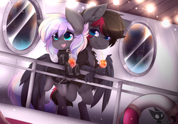 Size: 3859x2685 | Tagged: safe, artist:teranen, oc, oc only, oc:ice trio, oc:mystic thunder, bat pony, pony, bat pony oc, boat, clothes, colored pupils, couple, cute, drink, female, glass, high res, icethunder, lights, male, mare, oc x oc, open mouth, sailing, ship, shipping, smiling, stallion, straight, straw