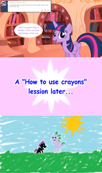 Size: 1280x2168 | Tagged: safe, artist:hakunohamikage, spike, twilight sparkle, oc, oc:nyx, alicorn, dragon, pony, ask-princesssparkle, g4, ask, crayon drawing, golden oaks library, misspelling, tumblr, twilight sparkle (alicorn)