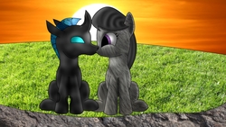 Size: 1920x1080 | Tagged: safe, artist:psychicpie, octavia melody, oc, oc:steel crescent, changeling, earth pony, pony, g4, canon x oc, changeling oc, cliff, duo, female, kiss on the lips, kissing, male, mare, photoshop elements, straight, sunset