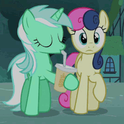 Size: 500x500 | Tagged: safe, screencap, bon bon, lyra heartstrings, sweetie drops, earth pony, pony, g4, magic duel, animated, cup, cute, drinking lyra, female, gif, lyrabetes, oat smoothie, smoothie, straw