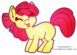 Size: 568x406 | Tagged: safe, artist:frostedpuffs, apple bloom, earth pony, pony, g4, adorabloom, apple bloom's bow, bow, cute, eyes closed, female, filly, hair bow, silly, silly pony, simple background, solo, tongue out, transparent background
