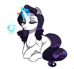 Size: 611x569 | Tagged: safe, artist:catzino, rarity, pony, unicorn, g4, cup, eyes closed, eyeshadow, female, food, magic, makeup, mare, simple background, smiling, solo, tea, teacup, telekinesis, white background