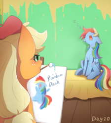 Size: 1024x1140 | Tagged: safe, artist:irenla, applejack, rainbow dash, pony, g4, canvas, duo, female, floppy ears, freckles, lesbian, mare, mouth hold, multicolored hair, nose in the air, paintbrush, painting, ship:appledash, shipping, sleeping, zzz
