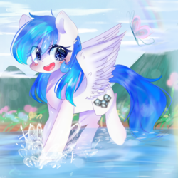 Size: 768x768 | Tagged: safe, artist:windymils, oc, oc only, oc:konata sparkle, butterfly, pegasus, pony, blushing, commission, female, mare, solo, water