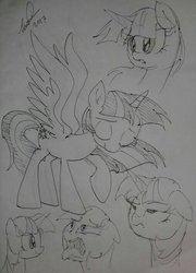 Size: 400x556 | Tagged: safe, artist:emositecc, twilight sparkle, alicorn, pony, g4, bowing, female, floppy ears, mare, monochrome, raised hoof, simple background, sketch, solo, spread wings, tongue out, traditional art, twilight sparkle (alicorn), unamused, white background, windswept mane, wings