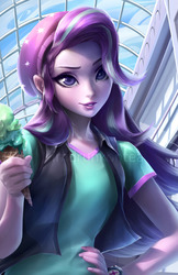 Size: 712x1100 | Tagged: safe, artist:imdrunkontea, starlight glimmer, equestria girls, equestria girls specials, g4, mirror magic, beanie, beautiful, clothes, colored pupils, detailed, female, food, hand on hip, hat, ice cream, ice cream cone, looking at you, scene interpretation, shirt, smiling, solo, that human sure does love ice cream, that pony sure does love ice cream, vest, watermark