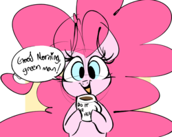 Size: 1692x1354 | Tagged: safe, artist:hattsy, pinkie pie, earth pony, pony, g4, coffee, dialogue, do it for her, female, implied anon, looking at you, mare, meme, mug, pinkie found the coffee, smiling, solo, speech bubble