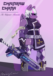 Size: 1600x2300 | Tagged: safe, artist:mopyr, oc, oc only, oc:chainsaw chana, pegasus, anthro, chainsaw, clothes, outfit, solo, stockings, thigh highs, weapon