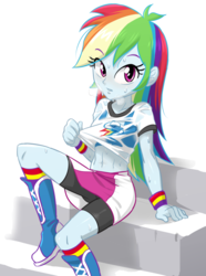 Size: 550x740 | Tagged: safe, artist:ta-na, rainbow dash, equestria girls, g4, abs, belly button, bike shorts, boots, breasts, clothes, compression shorts, female, muscles, rainbuff dash, shirt, shoes, simple background, sitting, skirt, skirt lift, socks, solo, sports bra, stairs, sweat, technically an upskirt shot, wet, wet clothes, wet shirt, wet t-shirt, white background, wristband