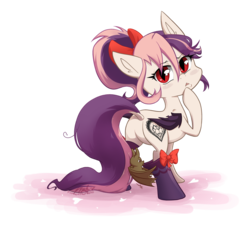 Size: 2298x2087 | Tagged: safe, artist:midnightpremiere, oc, oc only, oc:sweet velvet, bat pony, pony, adorasexy, bat pony oc, bow, butt, clothes, cute, duo, featureless crotch, female, hair bow, high res, looking back, mare, plot, requested art, sexy, simple background, socks, transparent background