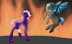 Size: 1024x629 | Tagged: safe, artist:cyrinthia, oc, oc only, oc:overdrive, oc:venus, bat pony, earth pony, pony, duo, female, fire, knife, mare, mouth hold