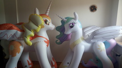 Size: 5632x3168 | Tagged: safe, artist:arniemkii, daybreaker, princess celestia, alicorn, inflatable pony, pony, a royal problem, g4, bootleg, duo, duo female, female, hongyi, indoors, inflatable, inflatable alicorn, irl, opaque inflatable, photo, standing