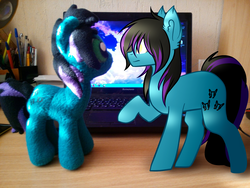 Size: 1280x960 | Tagged: safe, artist:despotshy, oc, oc only, oc:despy, earth pony, pony, computer, female, irl, laptop computer, mare, photo, plushie, ponies in real life, self ponidox, solo