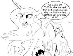 Size: 3300x2550 | Tagged: safe, artist:silfoe, princess luna, twilight sparkle, alicorn, pony, royal sketchbook, g4, adorable distress, annoyed, cute, dialogue, female, grayscale, hiding, high res, lesbian, monochrome, scared, ship:twiluna, shipping, twilight sparkle (alicorn)