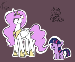 Size: 600x500 | Tagged: safe, artist:valcron, princess celestia, twilight sparkle, alicorn, pony, unicorn, g4, duo, female, filly, filly twilight sparkle, hoof shoes, pink-mane celestia, sketch, unicorn twilight, younger