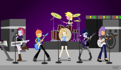 Size: 9272x5399 | Tagged: safe, artist:ironm17, cayenne, citrus blush, moonlight raven, pretzel twist, sunshine smiles, sweet biscuit, equestria girls, g4, absurd resolution, band, bass guitar, boots, clothes, cute, drums, drumsticks, electric guitar, equestria girls-ified, eyes closed, female, fingerless gloves, gloves, goth, group, guitar, keyboard, keytar, long gloves, microphone, musical instrument, pants, ripped stockings, sandals, shirt, shoes, short-sleeved sweater, singing, skirt, sleeveless dress, stage, t-shirt