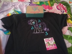 Size: 2592x1944 | Tagged: safe, pinkie pie, rarity, pony, g4, bed, blanket, box, clothes, cutie mark, diamonds, mlp box, shirt, sticker