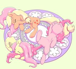 Size: 1500x1361 | Tagged: safe, artist:limply_swamp, applejack, fluttershy, pinkie pie, earth pony, pegasus, pony, g4, cute, diapinkes, eyes closed, lying down, on back, on side, prone, rug, sleeping, tail pillow, trio